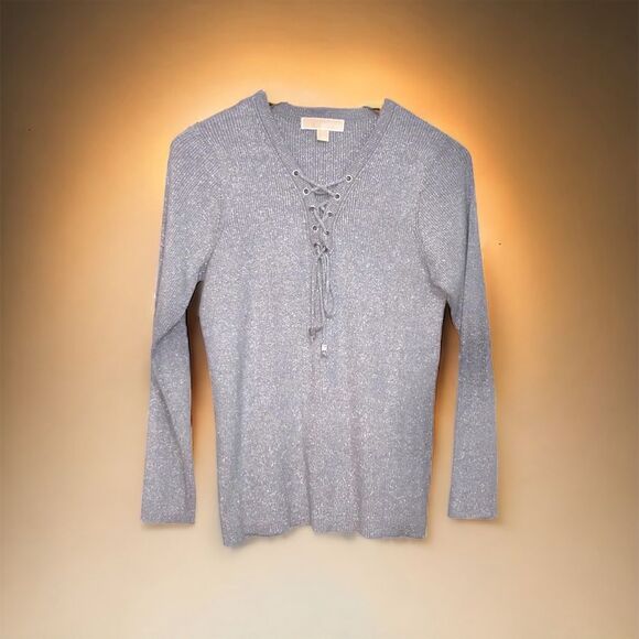 MICHAEL by Michael Kors Metallic Silver Pullover Top Ribbed Sweater Sz L - Picture 2 of 7